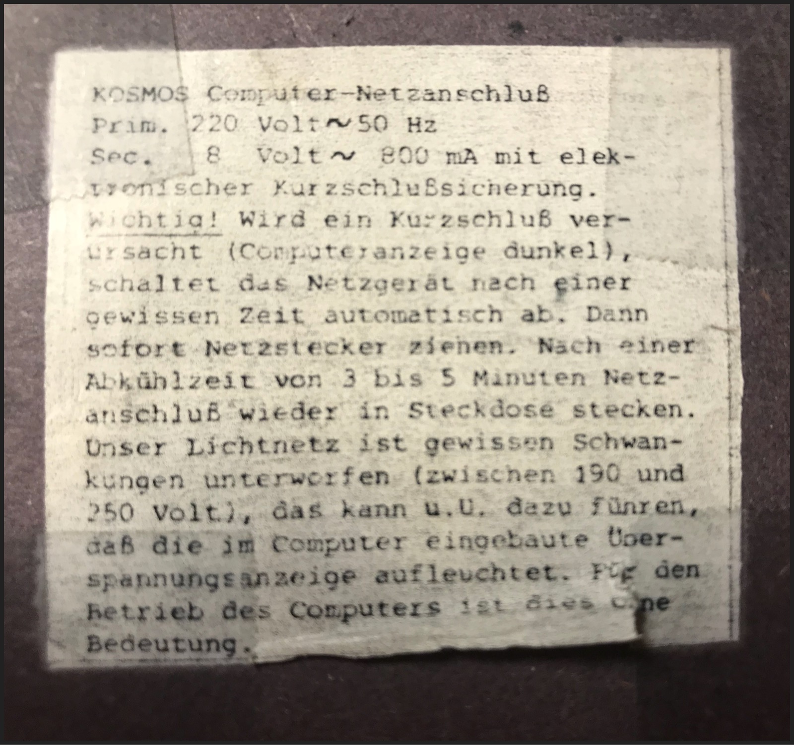 Label on the back cover of the CP1.